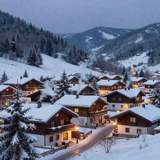 Cozy Snowy Mountain Village at Twilight