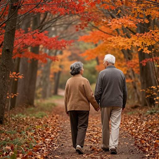 Photograph of an elderly couple holding hands, walking down a forest path covered in autumn leaves, surrounded by vibrant orange and red trees.