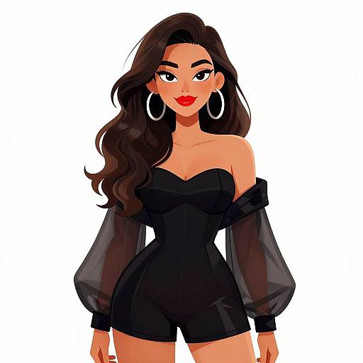 Digital illustration of a confident woman with long dark hair, red lipstick, large hoop earrings, and a black off-shoulder romper. White background