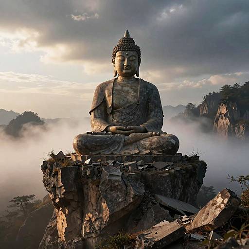 Meditating Buddha Statue on Mountain Cliff