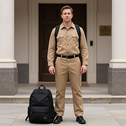 Man in Stooges Costume with Backpack