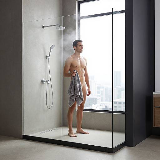 Photograph of a nude, muscular man with short brown hair, holding a gray towel, standing in a modern glass shower with large window, steam rising