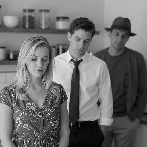 Black and White Portrait of Three People in Kitchen