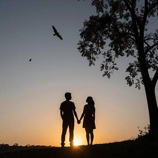 Couple Holding Hands at Sunset Silhouette