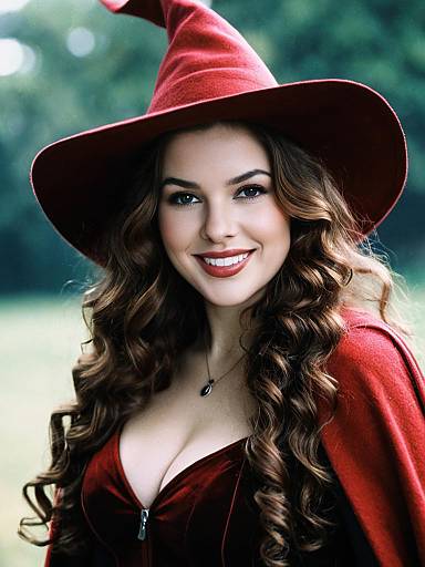 Woman in Scarlet Witch Costume with Curly Hair