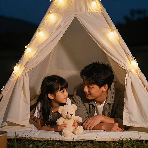 Father and Daughter in Cozy Tent at Night