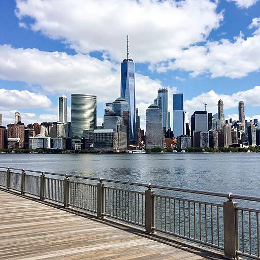 Photograph of New York City's skyline with the One World Trade Center towering above, viewed from a wooden boardwalk with a railing. Clear blue sky