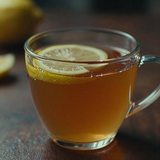 Photograph of a clear glass teacup filled with amber-colored tea, topped with a lemon slice, on a dark wooden surface.