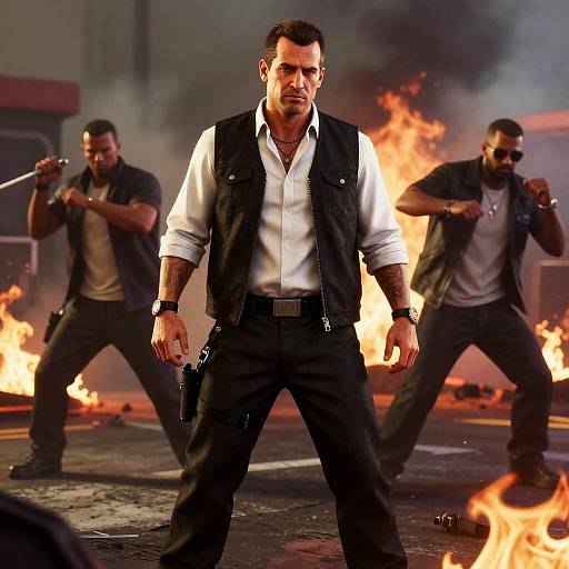 Photograph of three muscular men in black vests and white shirts, standing confidently in front of intense flames, ready for action. Smoky background, intense