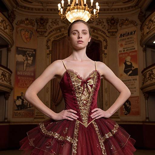 Photograph of a slender Caucasian woman with fair skin and dark hair in an ornate, deep red and gold ballroom gown, hands on hips,