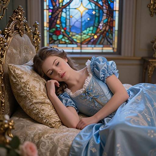 Photorealistic digital painting of a fair-skinned, brown-haired woman in a blue, puffed-sleeve, Victorian-style gown, reclining