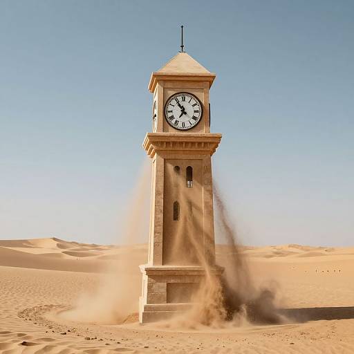 Photograph of a beige clock tower in a desert, with sand being blown up from the ground, against a clear blue sky.