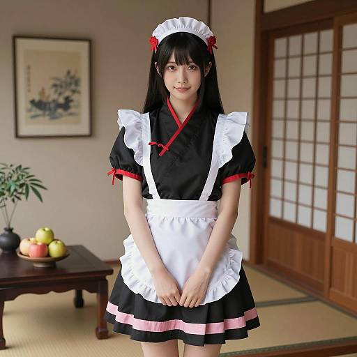 Asian Woman in Traditional Japanese Maid Outfit