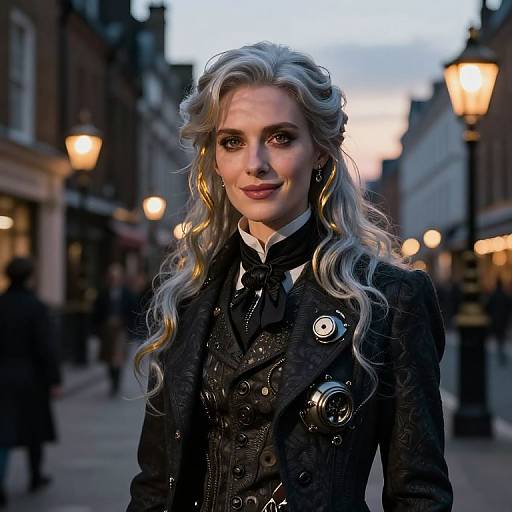 Photograph of a stylish woman with long, wavy silver hair, wearing a dark, patterned, Victorian-inspired coat with buttons and brooches
