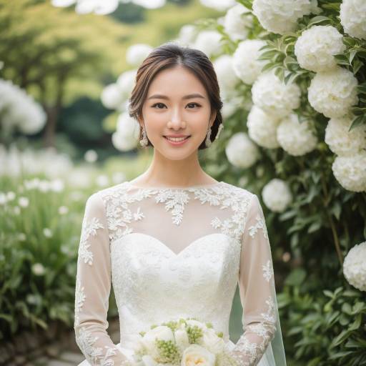 Bride in White Lace Wedding Dress with Bouquet