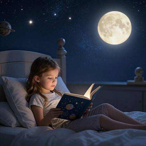 Photograph of a young girl with long brown hair, in a white shirt and beige shorts, reading a star-themed book under a bright full moon in