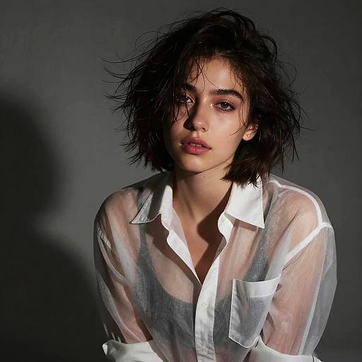 Photograph of a young woman with messy black hair, wearing a sheer white button-up shirt, against a dark gray background.