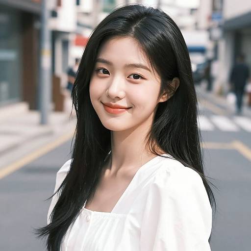 Photograph of an Asian woman with long black hair, fair skin, and a white blouse, smiling on a sunny urban street.