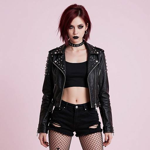 Photograph of a pale-skinned woman with red hair, black lipstick, wearing a studded leather jacket, black crop top, high-waist