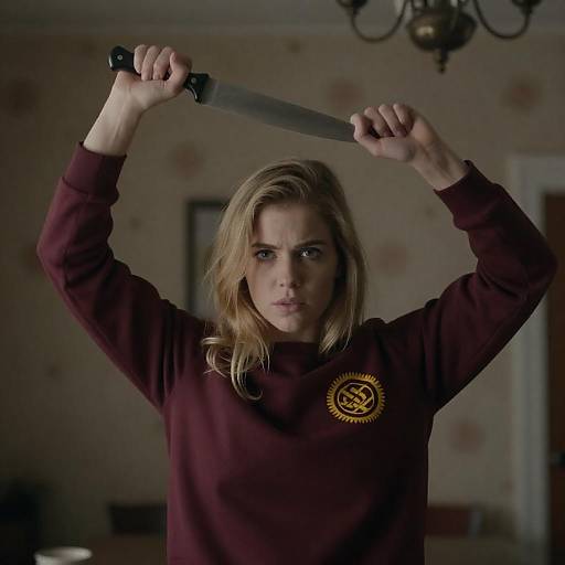 Young Woman Holding Raised Kitchen Knife