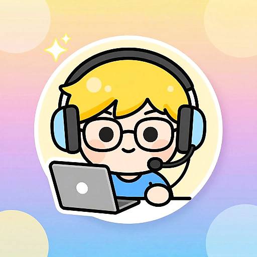 Cute, cartoon-style drawing of a blonde, round-eyed character with blue shirt, large headphones, and headset, using a laptop against a gradient past