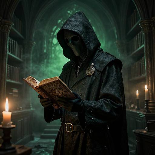Mysterious hooded figure in dark cloak reading an ornate book in a dimly lit, Gothic library with green glow and candles.