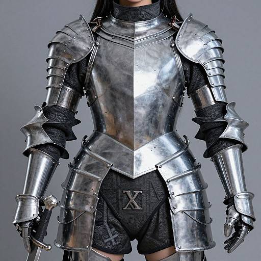 Photograph of a person in full silver medieval-style armor with black mesh underneath, showing only from shoulders to waist.