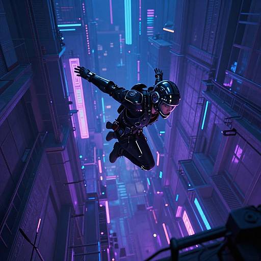Cyberpunk aerial shot: armored figure with glowing helmet and neon lights, mid-jump in futuristic, neon-lit urban canyon. Digital CGI.