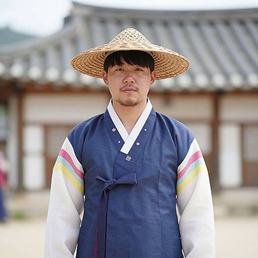 Photograph of an East Asian man wearing a traditional Korean hat, navy hanbok with white and multicolored sleeves, standing in front of a