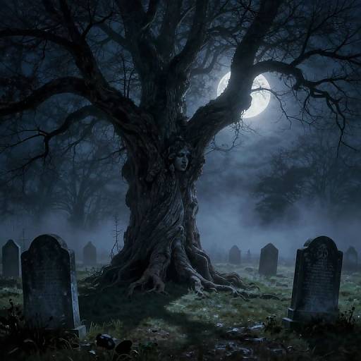 Mysterious, moonlit graveyard with a twisted, ancient tree at center; gravestones scattered around, foggy night, eerie blue hue. Digital