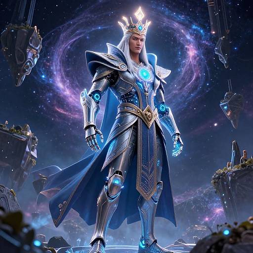 Digital illustration of a powerful, armored, male figure with a glowing crown, blue energy accents, standing in a cosmic, starry background with floating,