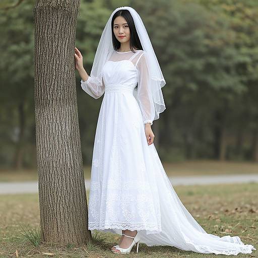 Photograph of an Asian bride in a white lace wedding dress with veil, standing by a tree in a forest.