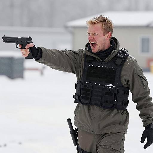 Armed Man in Tactical Gear in Snow