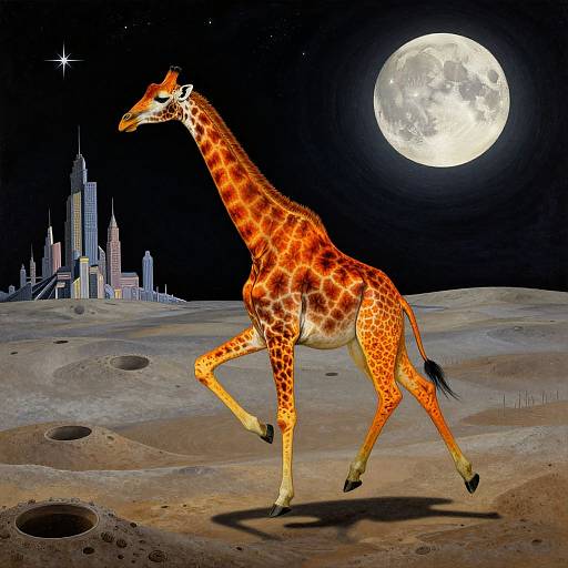 Digital illustration of a giraffe walking on a moonlit lunar landscape with a starry sky and a cityscape in the background. Bright orange and brown