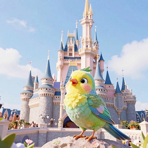 CGI image of a colorful, fluffy bird with green, blue, and yellow feathers perched on a stone ledge in front of a bright, blue