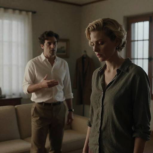 Dimly Lit Room with Thoughtful Couple