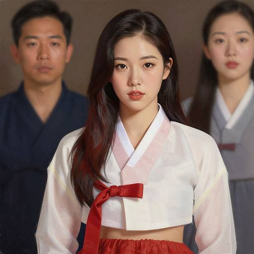 Photograph of three East Asian individuals in traditional Korean hanbok; central woman with long black hair, white top, red bow, and red skirt