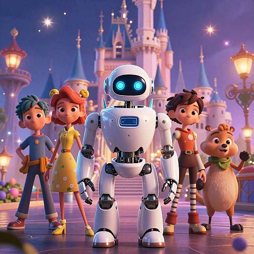 CGI image of a glowing blue-eyed robot with four cartoon children and a furry character in front of a whimsical castle.