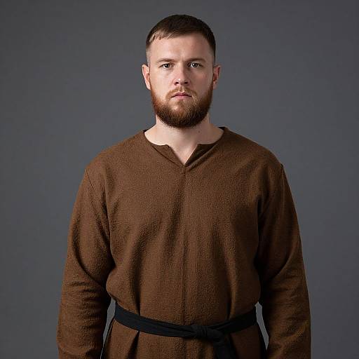 Serious Bearded Man in Brown Tunic