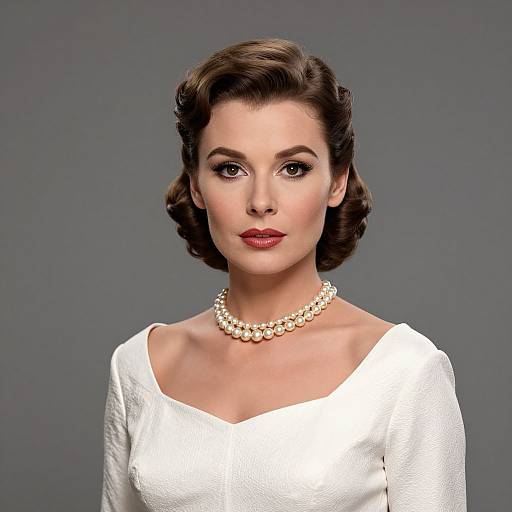 Photograph of a stylish woman with vintage brown wavy hair, wearing a white textured dress and pearl necklace, against a gray background.