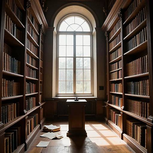 Photograph of a dimly lit, elegant library with tall, wooden bookshelves flanking a large arched window, sunlight streaming in, and