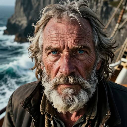 Photograph of an older, weathered man with blue eyes, gray beard, and tousled hair, standing on a ship near rugged coastal cliffs,