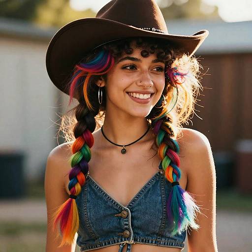 Photograph of a smiling young woman with colorful braided hair, wearing a black cowboy hat, denim sleeveless top, and hoop earrings. Sunlit