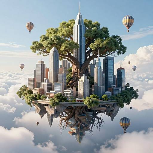 Surreal Floating Tree Cityscape