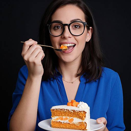 Photograph of a smiling woman with black glasses, blue blouse, eating layered carrot cake with white frosting, holding fork against dark background.