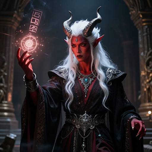 Digital artwork of a red-skinned demon woman with white hair, black horns, intricate jewelry, and dark robes, casting a glowing spell in a dim