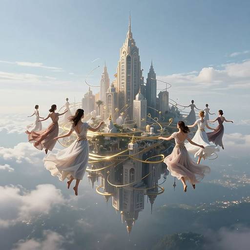Digital artwork of six ethereal women in flowing white dresses, floating around a floating, mirrored castle with golden ribbons, set against a bright blue sky