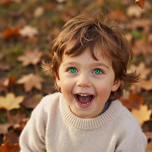 Photograph of a joyful, brown-haired, green-eyed child with an open mouth, wearing a cream sweater, surrounded by autumn leaves.