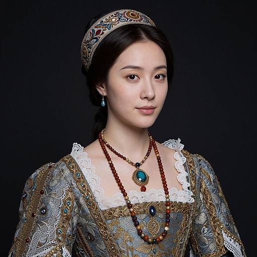 Photograph of an Asian woman in elaborate, ornate, Victorian-style attire with lace, intricate embroidery, and jewelry, against a black background.