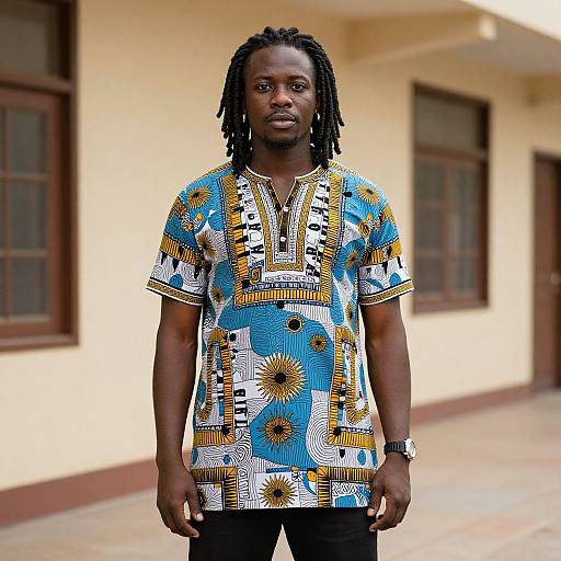 Photograph of a Black man with dreadlocks wearing a vibrant blue, yellow, and white patterned short-sleeve shirt, standing in front of